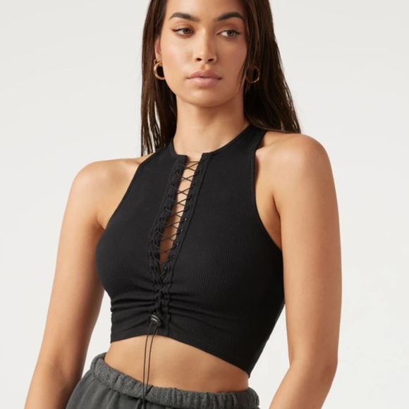 Joah Brown Lace Up Crop Tank Ribbed Top Size S/M Summit Flex Rib - Picture 4 of 13